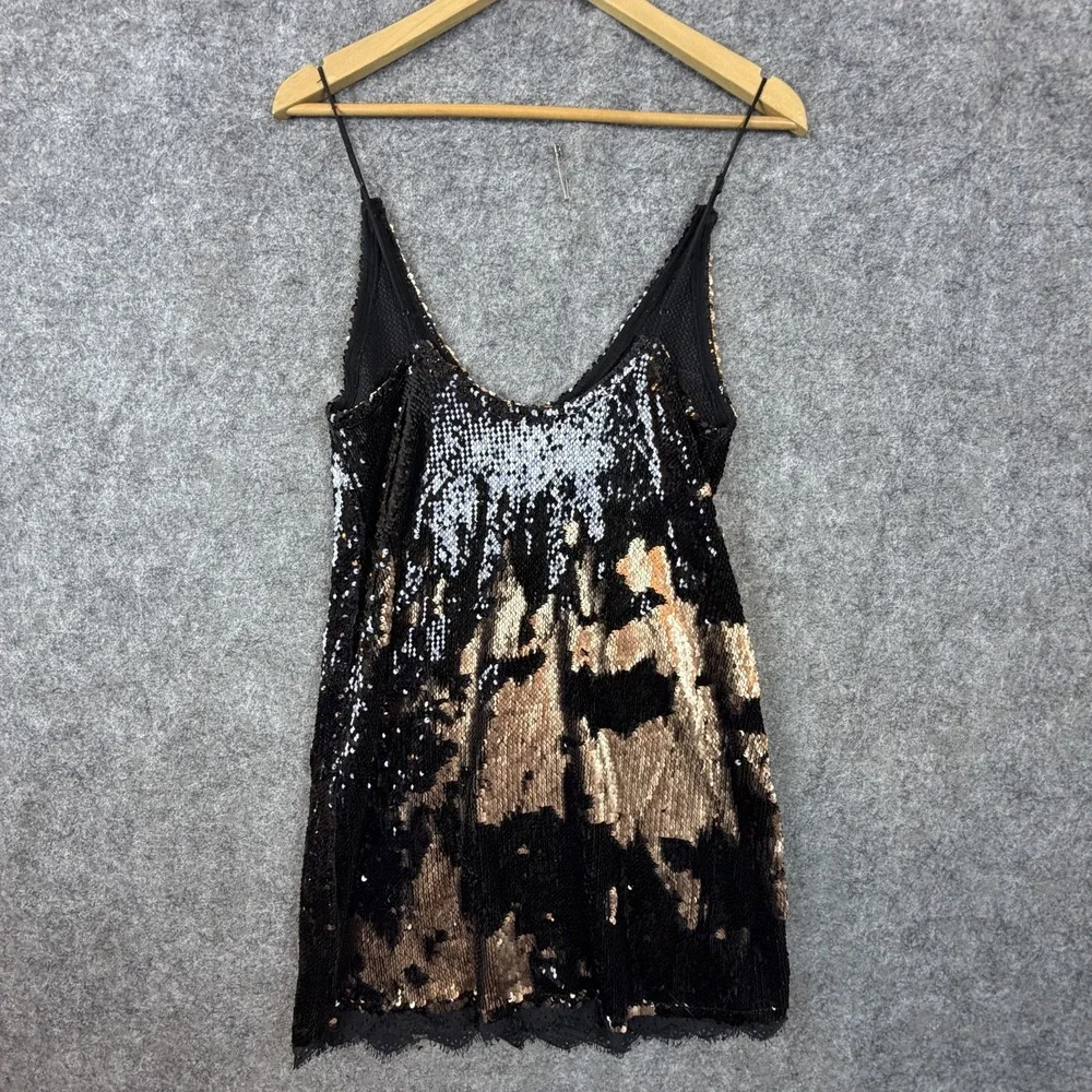 Free People Seeing Double Sequin Slip Dress Womens Medium Black Gold Party